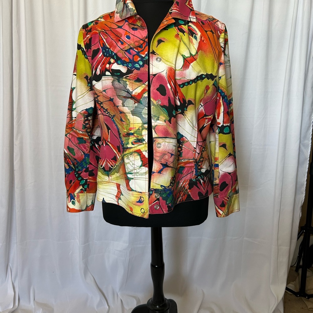 Chico’s The cut is blue jean jacket but the fabric is vivid and slick.